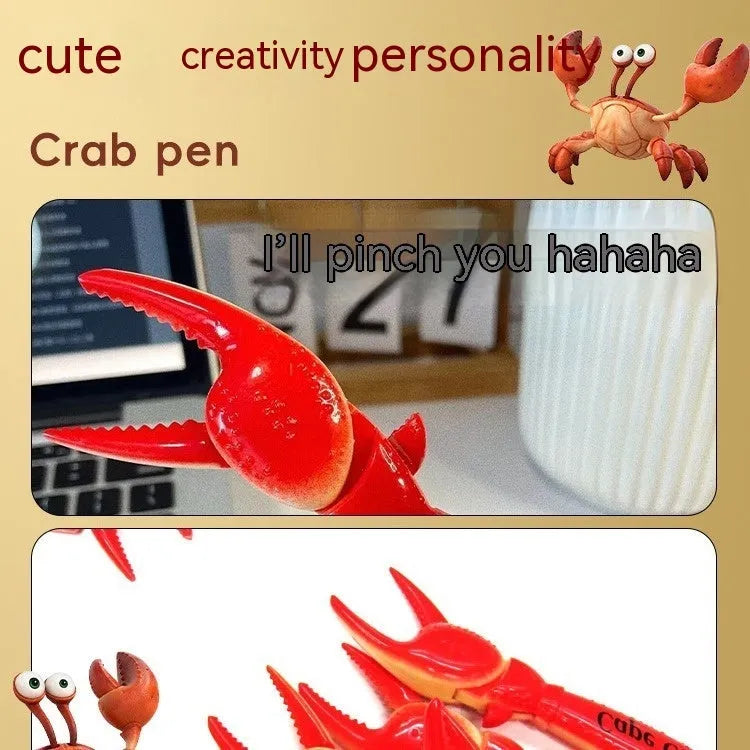Creative ballpoint pen with a blue plastic crab clip that can be pressed as a fidget toy.