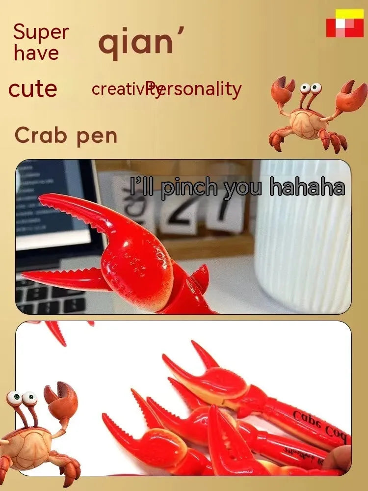 Creative ballpoint pen with a blue plastic crab clip that can be pressed as a fidget toy.