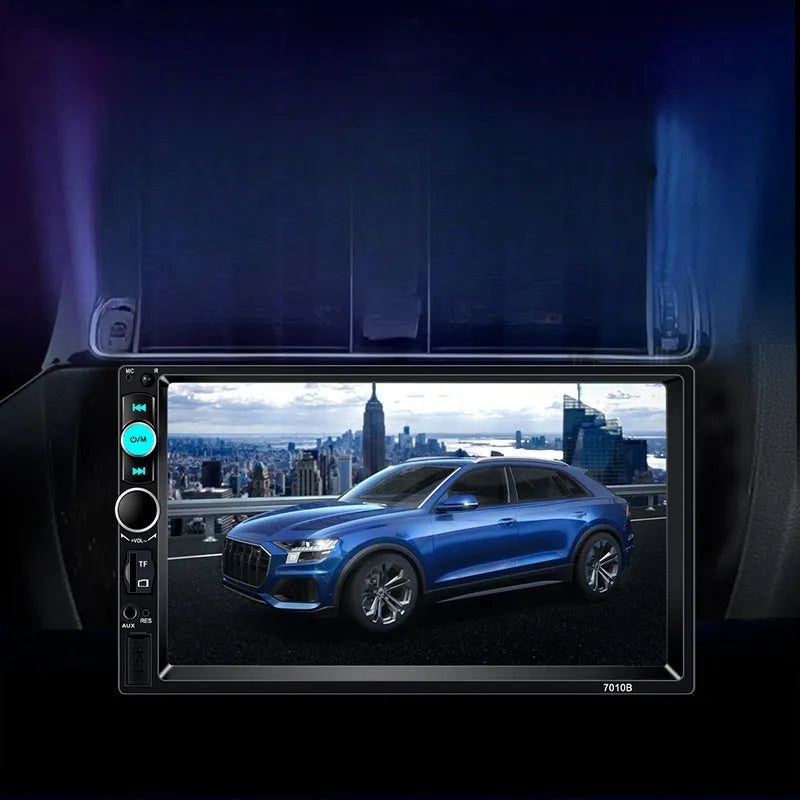 Front view of a 7-inch HD Bluetooth car stereo unit with touchscreen display