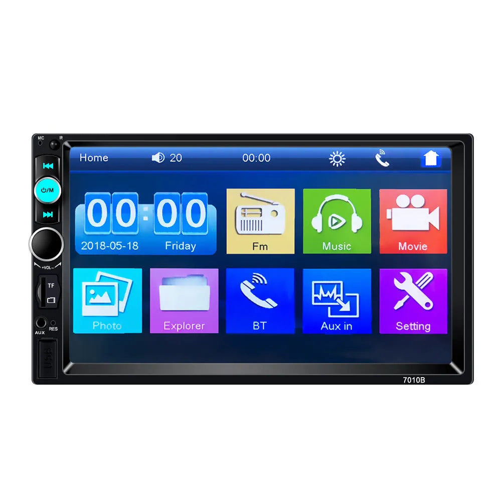 Front view of a 7-inch HD Bluetooth car stereo unit with touchscreen display