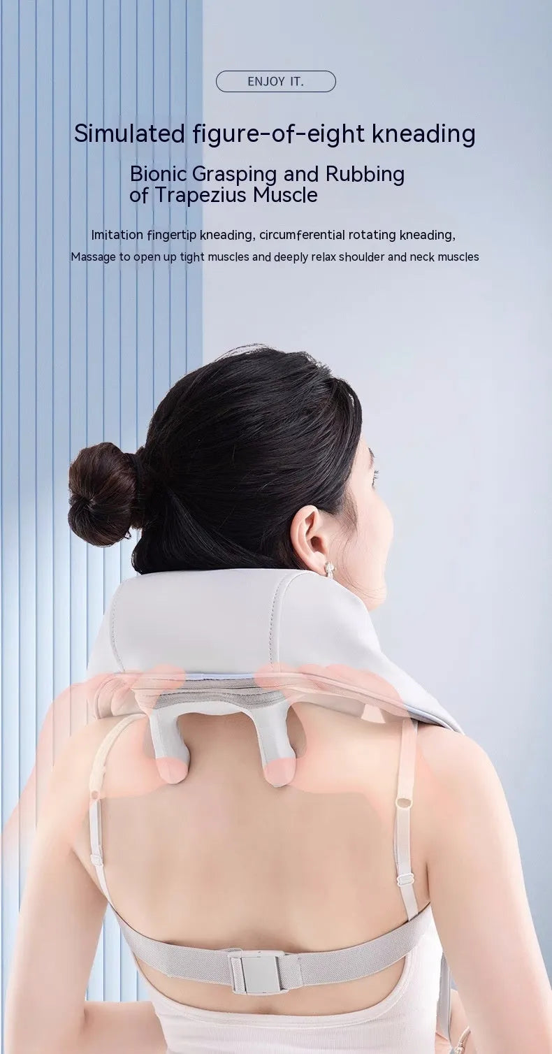 Black rechargeable neck and shoulder massager shawl with hot compress and two gears for cervical oblique and trapezius areas.