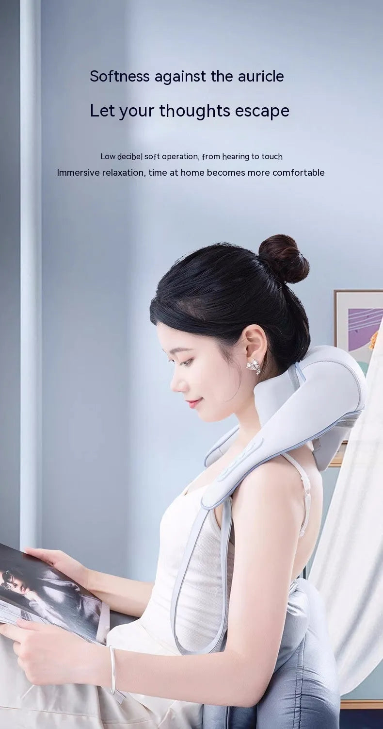 Black rechargeable neck and shoulder massager shawl with hot compress and two gears for cervical oblique and trapezius areas.