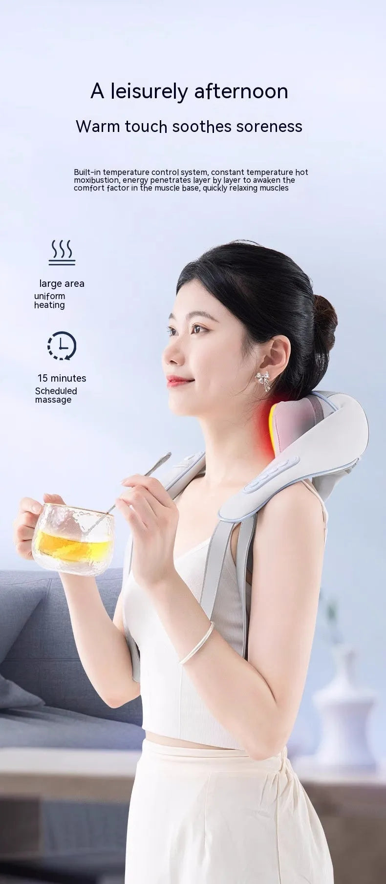 Black rechargeable neck and shoulder massager shawl with hot compress and two gears for cervical oblique and trapezius areas.