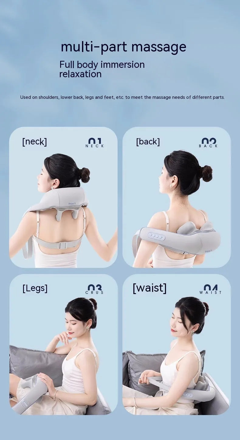 Black rechargeable neck and shoulder massager shawl with hot compress and two gears for cervical oblique and trapezius areas.