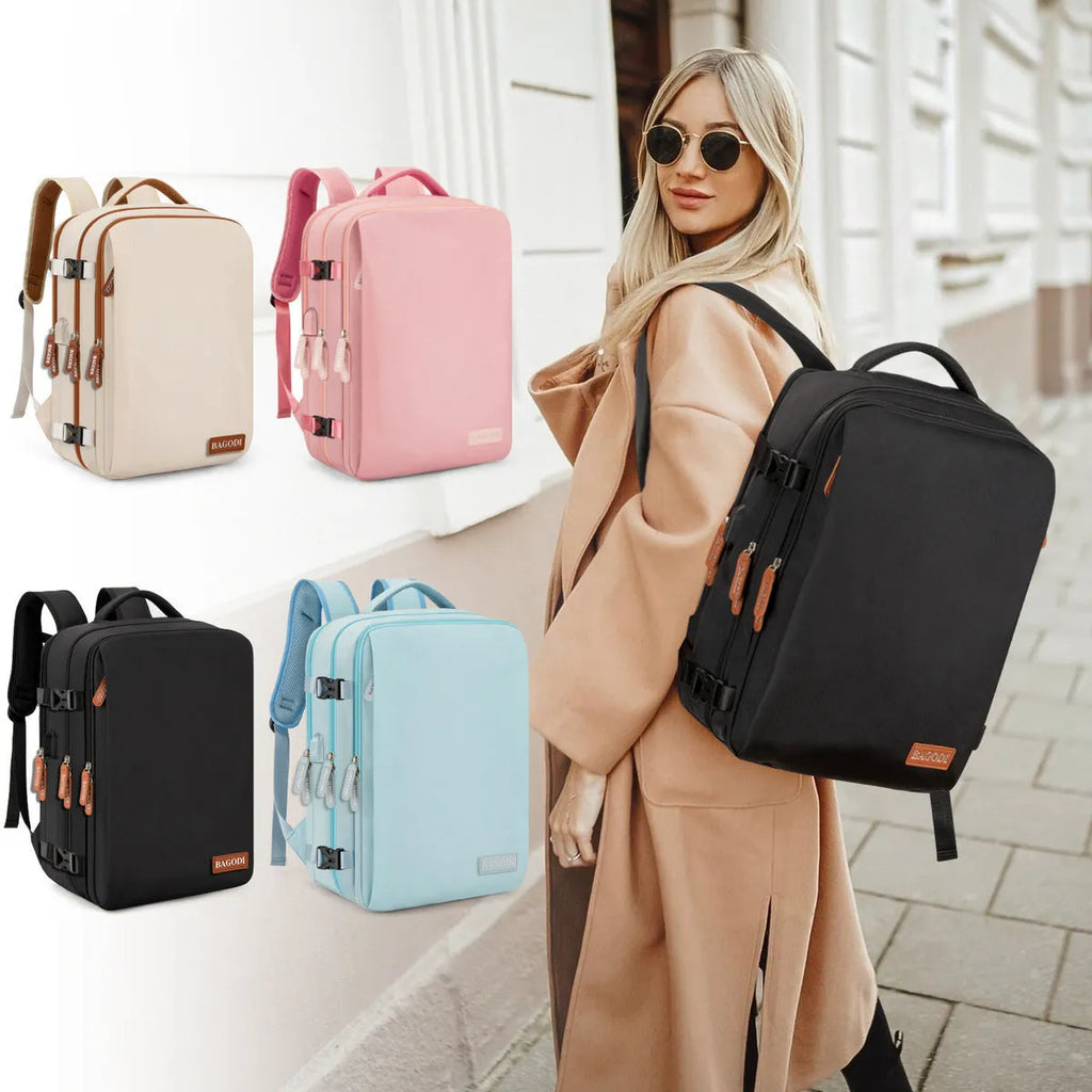 Water repellent travel backpack in black made from polyester fibre, with single main compartment, for business use