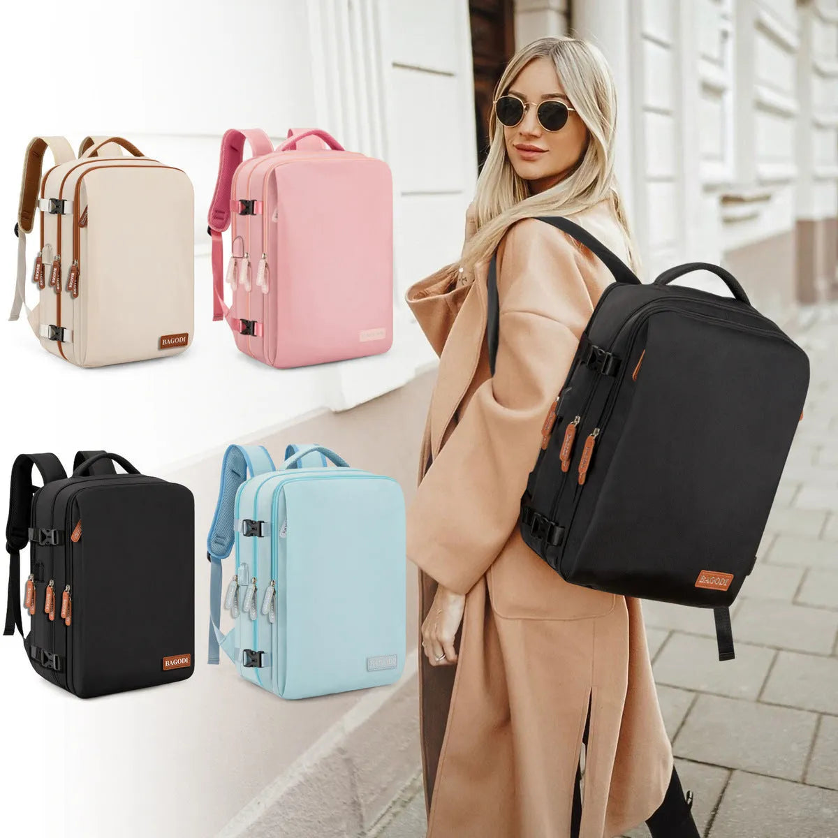 Water repellent travel backpack in black made from polyester fibre, with single main compartment, for business use