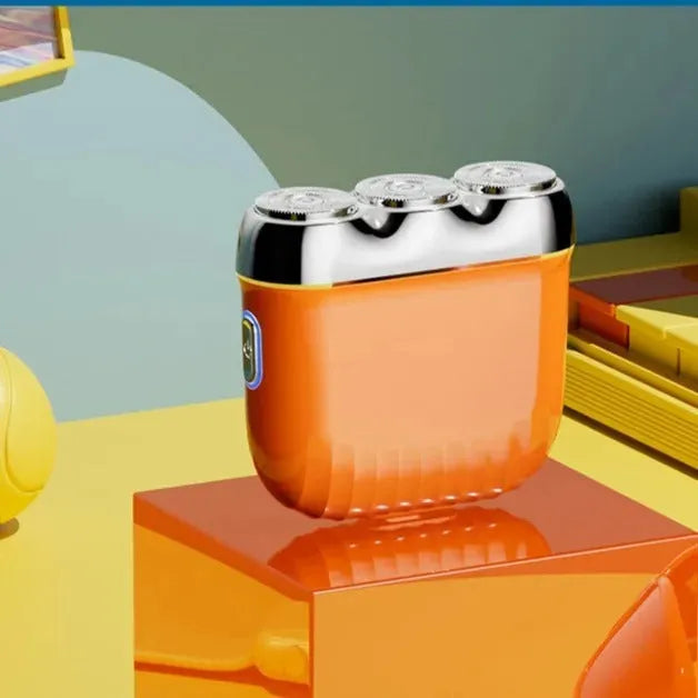 Three-head magnetic electric shaver in four colour options with rechargeable battery.