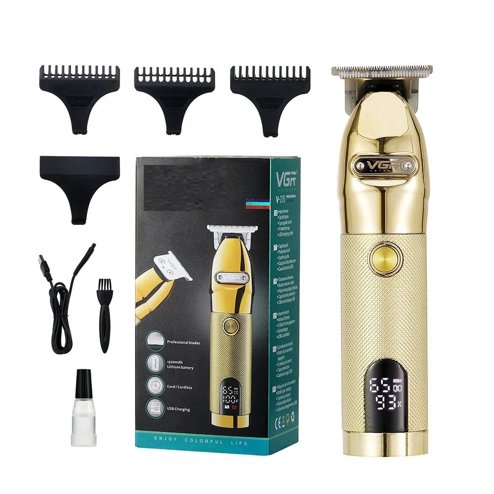 V-275 Gold rechargeable hair clipper with LCD display, washable blade, USB cable, and 1/2/3mm limit combs