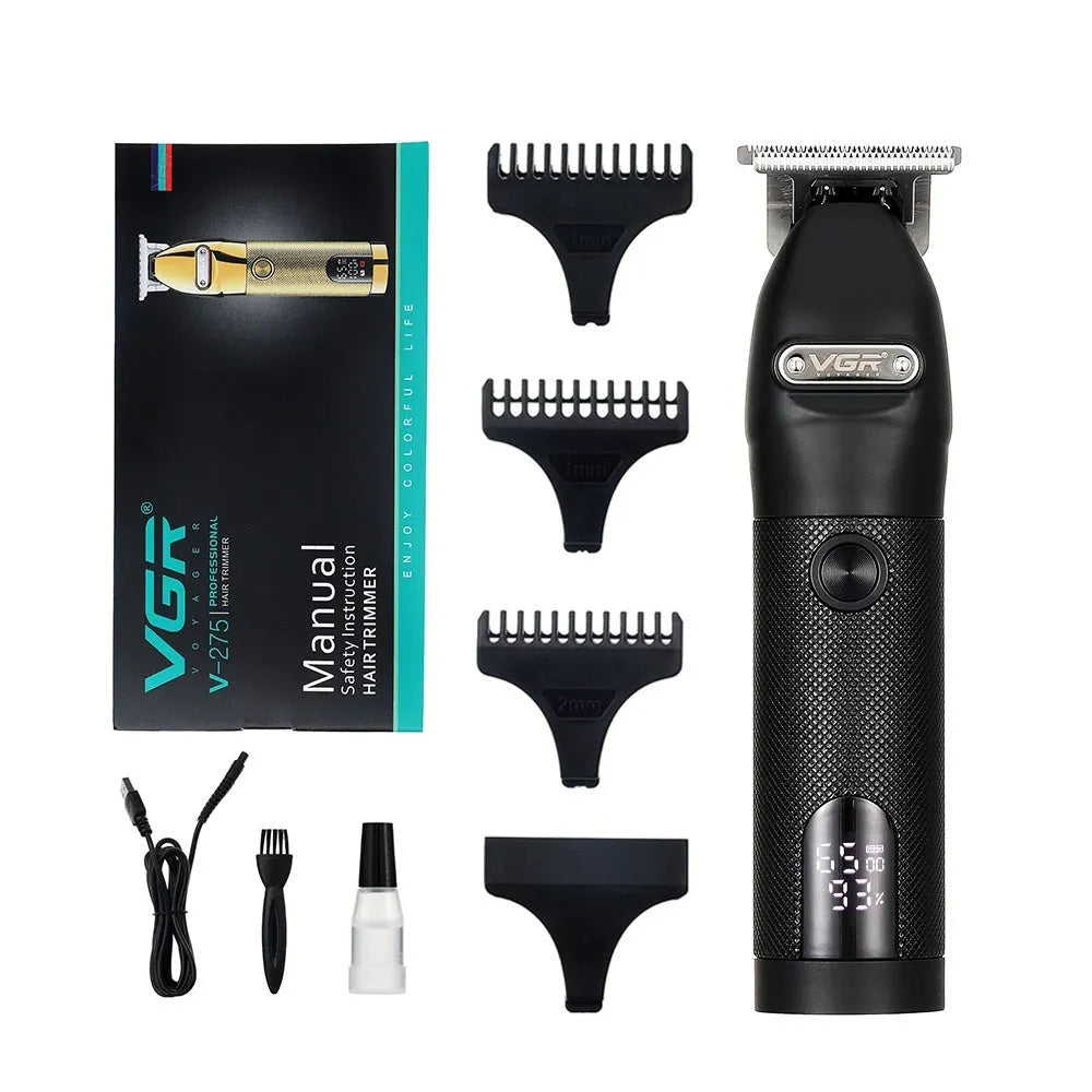 V-275 Gold rechargeable hair clipper with LCD display, washable blade, USB cable, and 1/2/3mm limit combs