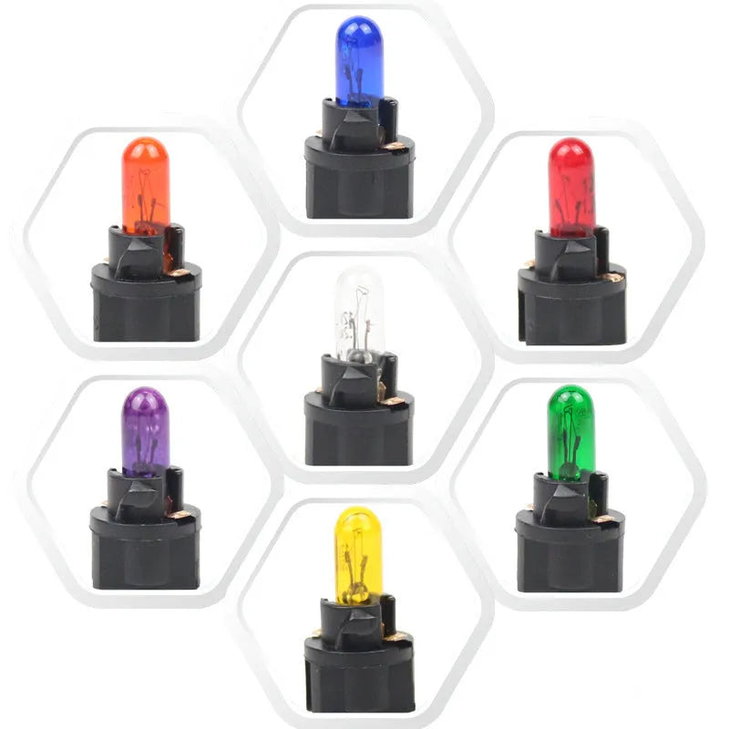 T5 12V 1.2W car dashboard indicator light bulb in multiple colours on white background.