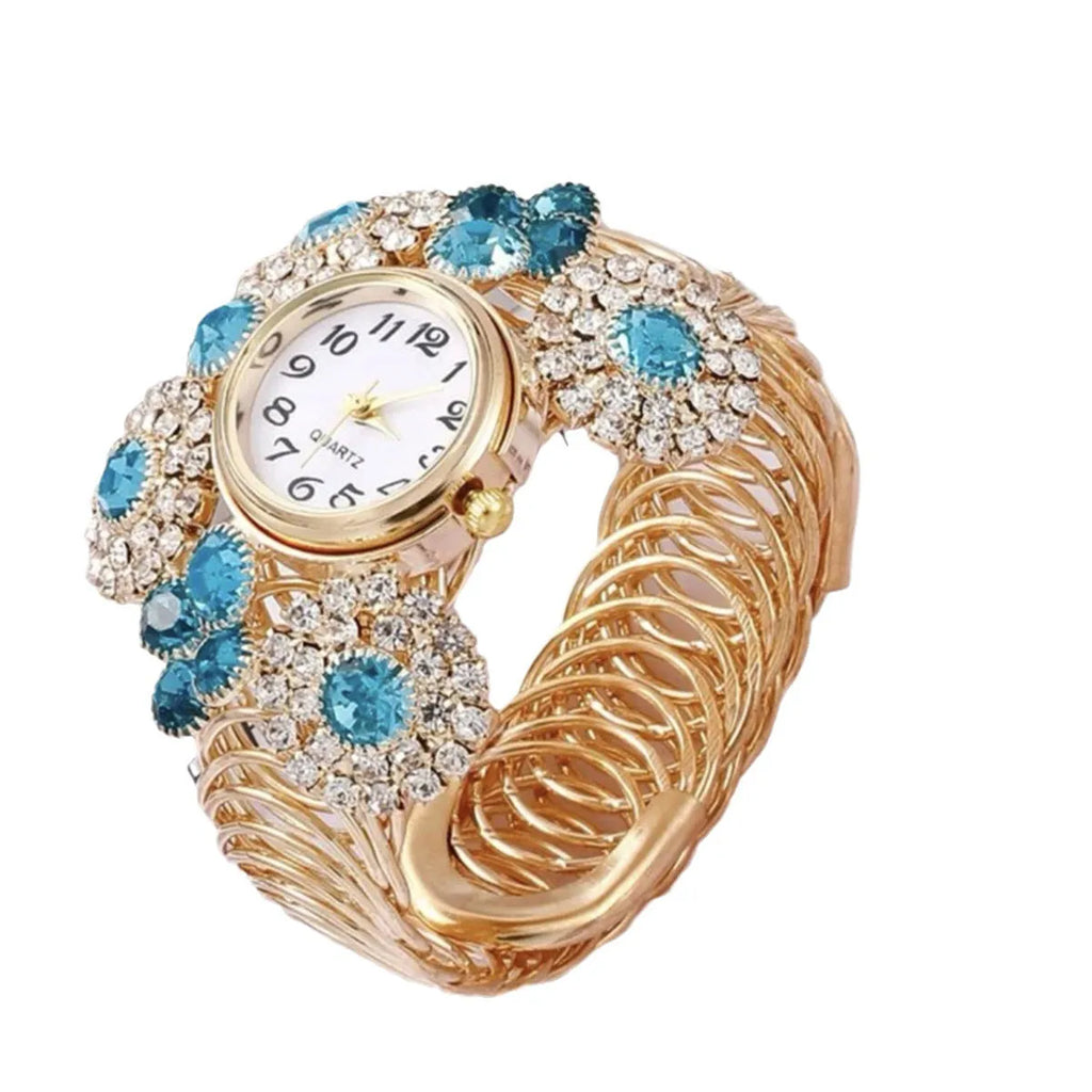 Blue women's quartz watch with rhinestone starry dial, zinc alloy case, stainless steel buckle, 3.5cm dial