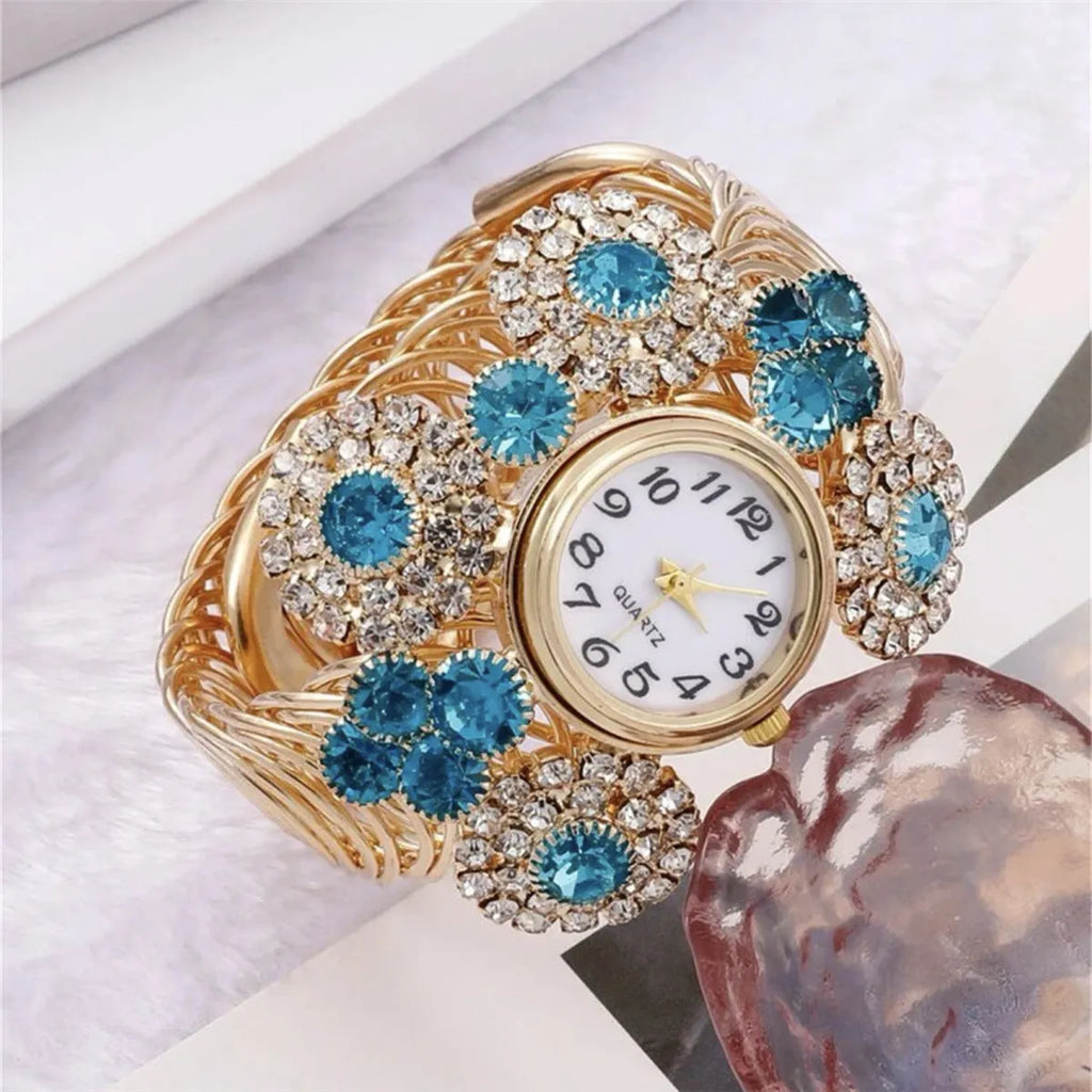 Blue women's quartz watch with rhinestone starry dial, zinc alloy case, stainless steel buckle, 3.5cm dial