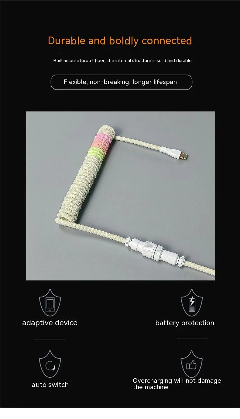 Handmade spiral stretch USB keyboard data cable 150cm with metal spring interface in pink blue colour