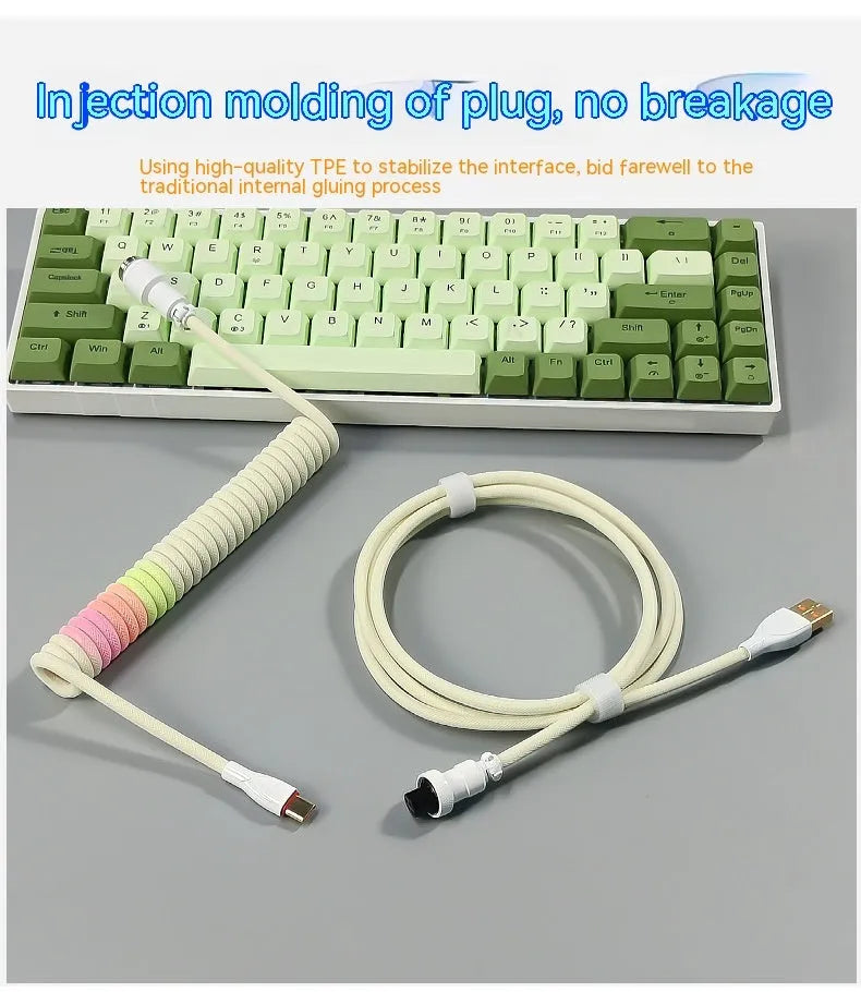 Handmade spiral stretch USB keyboard data cable 150cm with metal spring interface in pink blue colour
