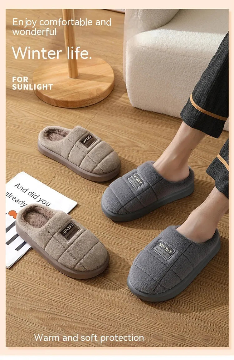 Men's grey and brown plaid rabbit hair slippers with thick EVA sole