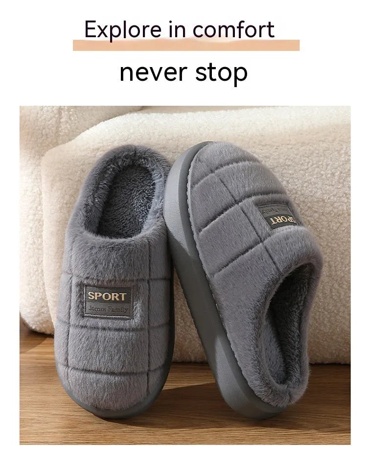 Men's grey and brown plaid rabbit hair slippers with thick EVA sole