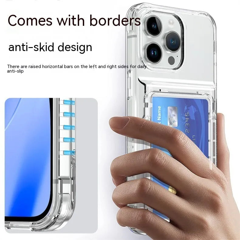 Transparent phone case with built-in card holder slot showing shockproof TPU PC construction