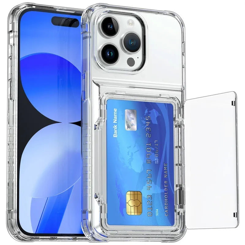 Transparent phone case with built-in card holder slot showing shockproof TPU PC construction