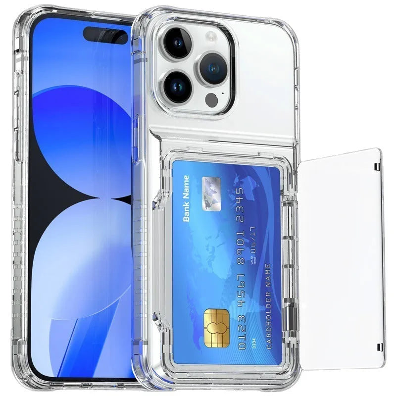 Transparent phone case with built-in card holder slot showing shockproof TPU PC construction