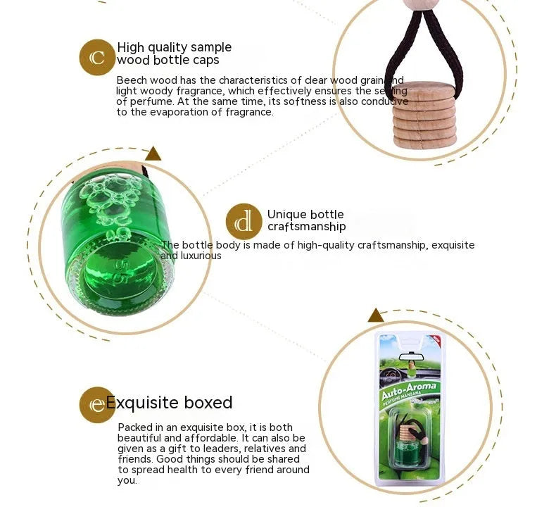 Glass bottle car air freshener hanging ornament with six fragrance options including lavender, lemon and apple scents