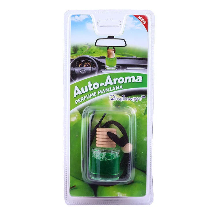 Glass bottle car air freshener hanging ornament with six fragrance options including lavender, lemon and apple scents