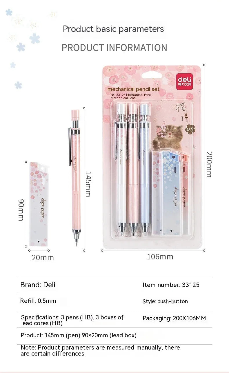 Sakura law style cartoon automatic pencil set with three 0.5mm pencils and HB refill boxes.