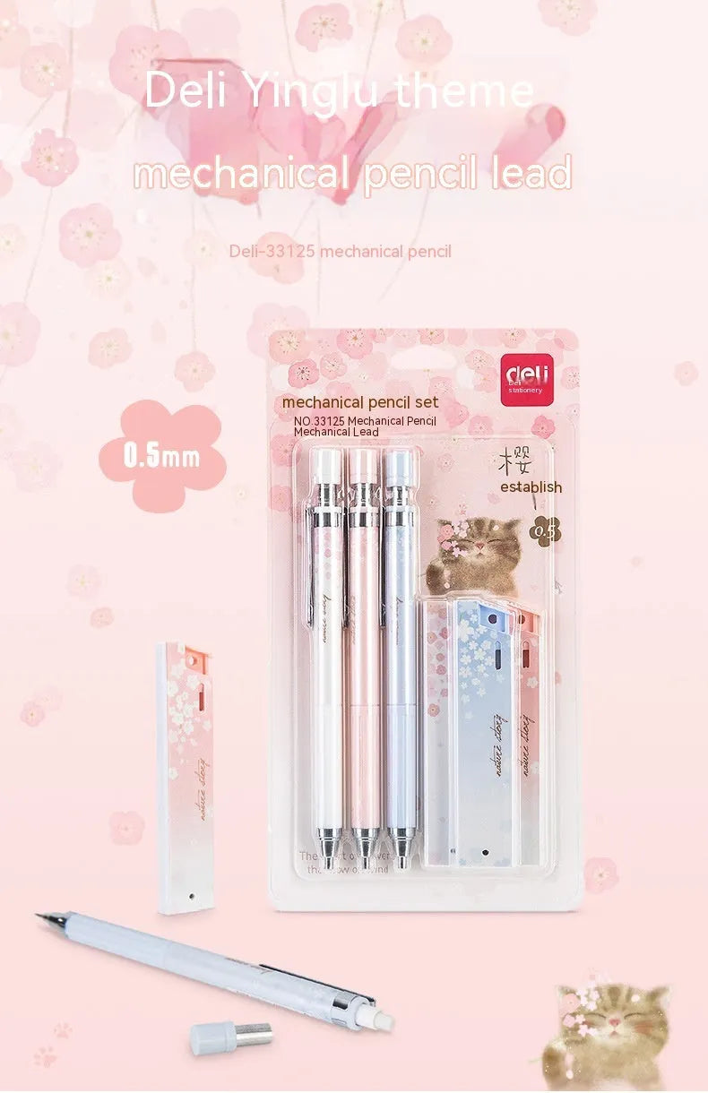 Sakura law style cartoon automatic pencil set with three 0.5mm pencils and HB refill boxes.