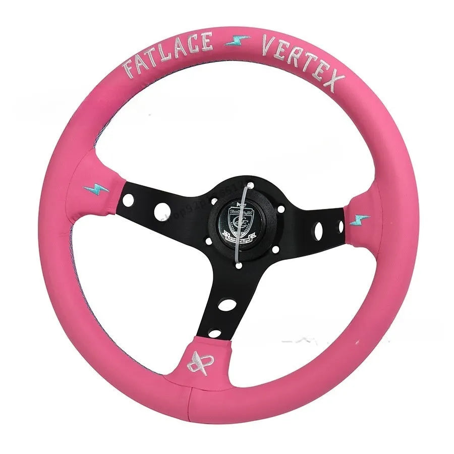 Pink leather steering wheel cover with embroidery detail and aluminium bracket