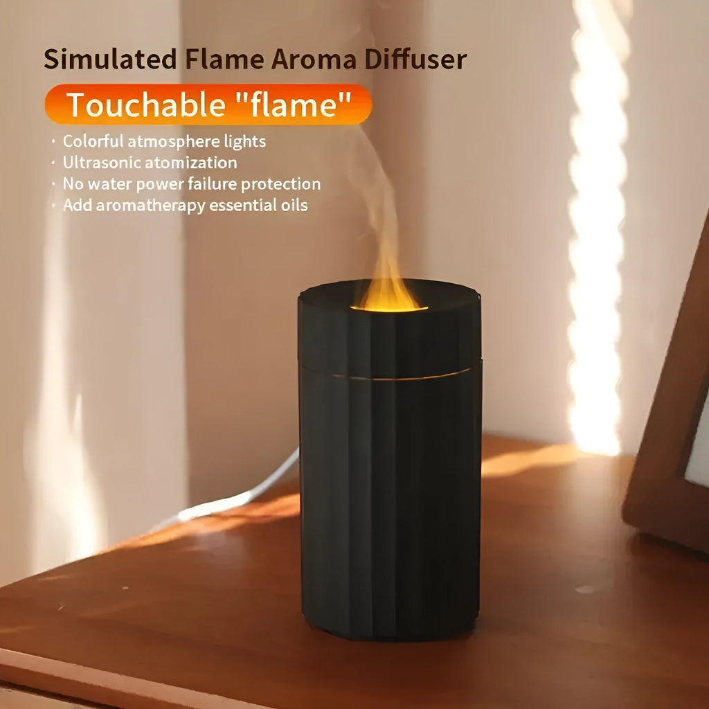 Black and white air humidifier with flame effect lighting and essential oil diffuser function
