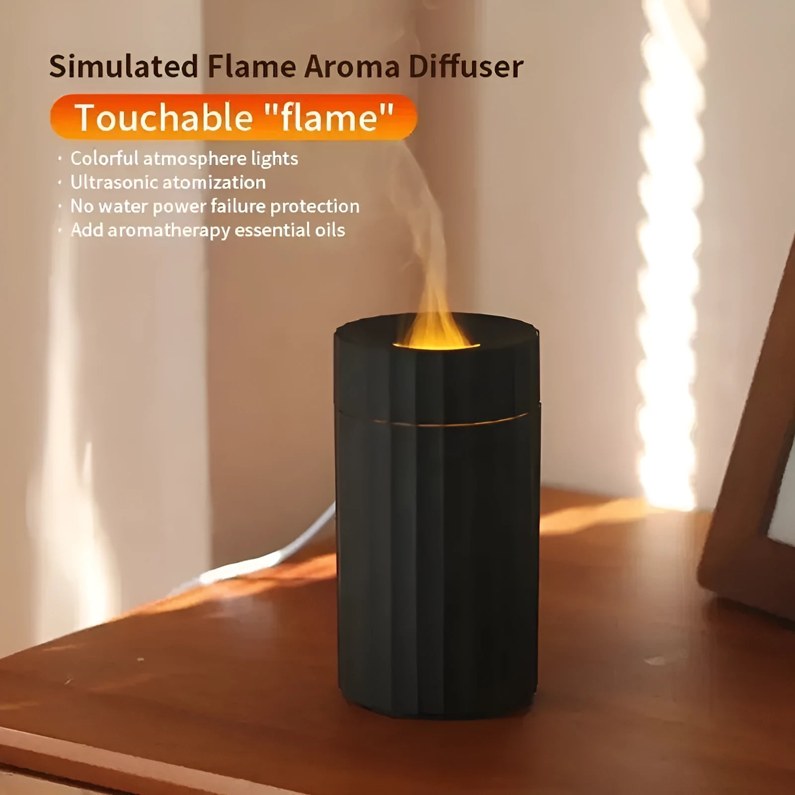Black and white air humidifier with flame effect lighting and essential oil diffuser function