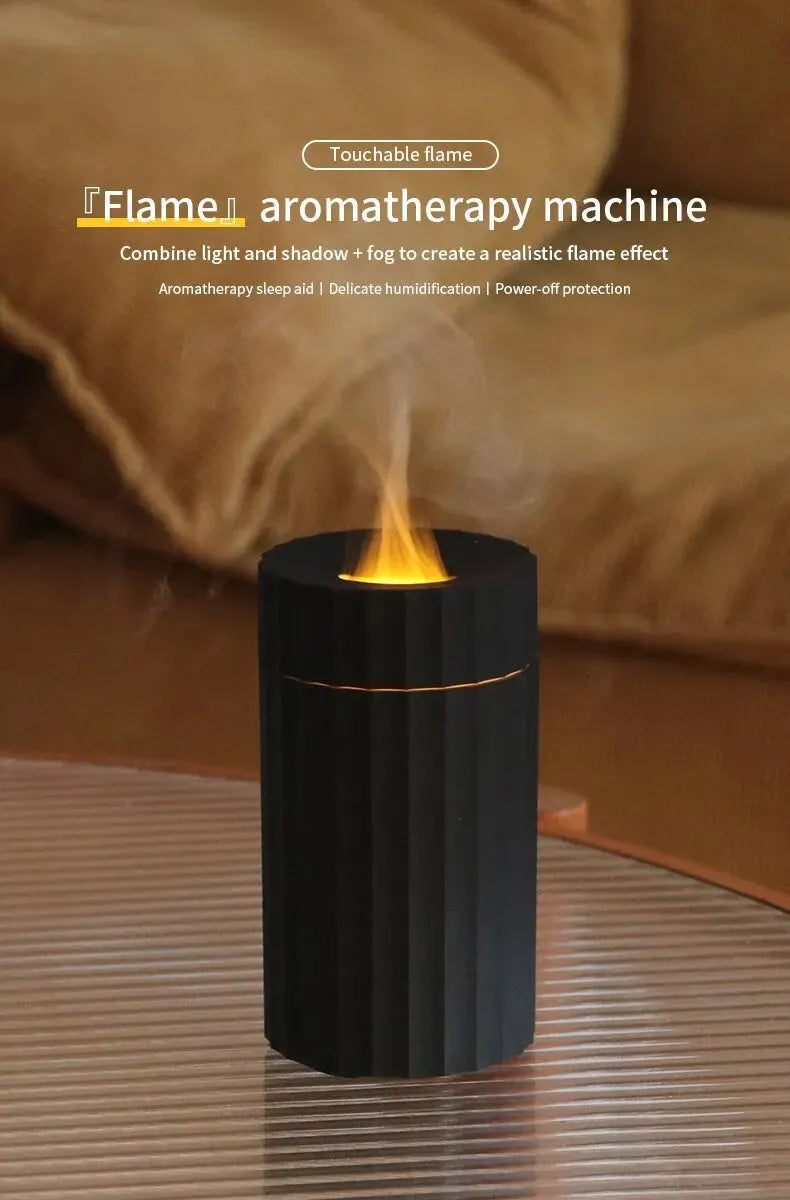 Black and white air humidifier with flame effect lighting and essential oil diffuser function