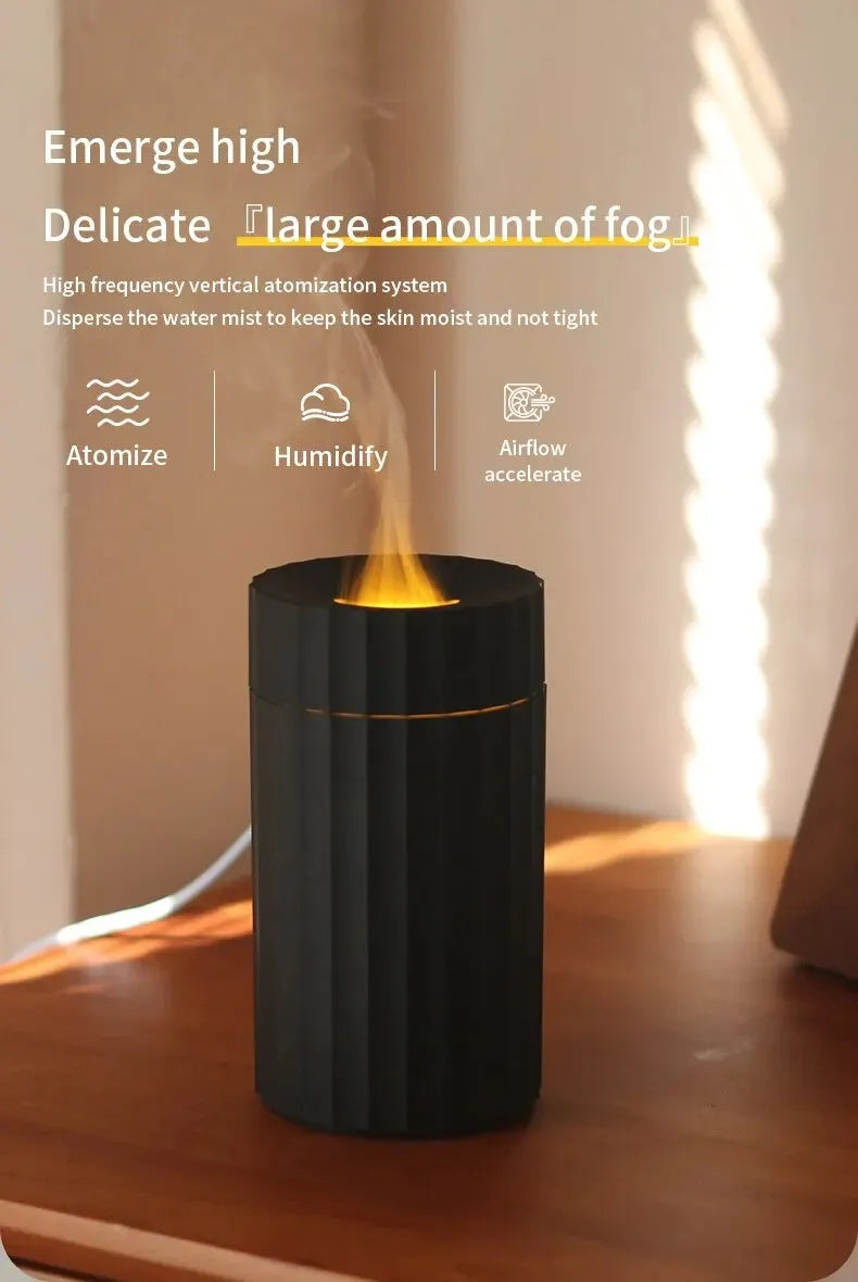 Black and white air humidifier with flame effect lighting and essential oil diffuser function