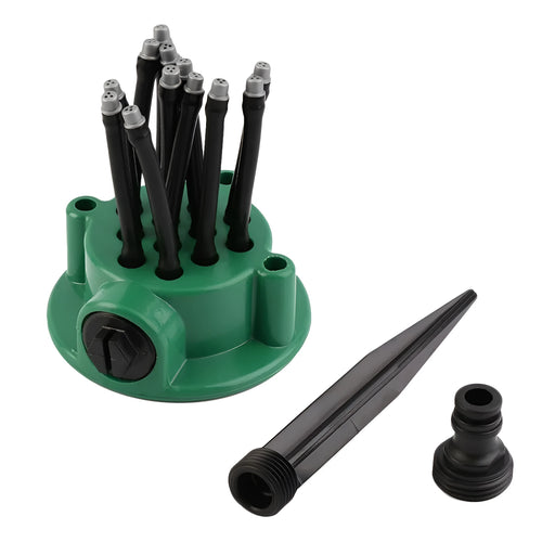 Green adjustable lawn sprinkler with flexible tubes for custom garden watering patterns