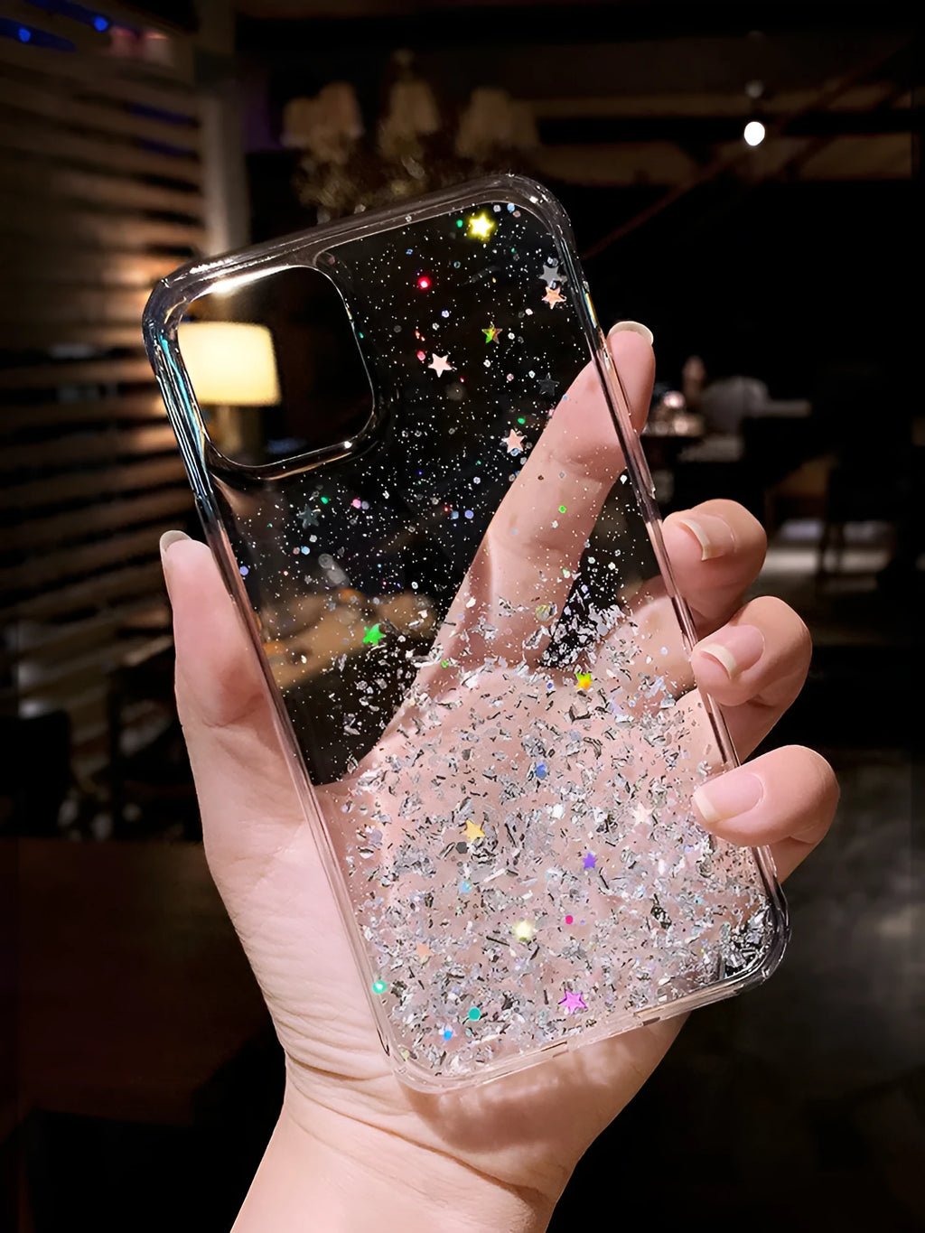 Starry sky silver foil epoxy TPU phone case for iPhone, available in five colours including black, green, pink, purple, transparent