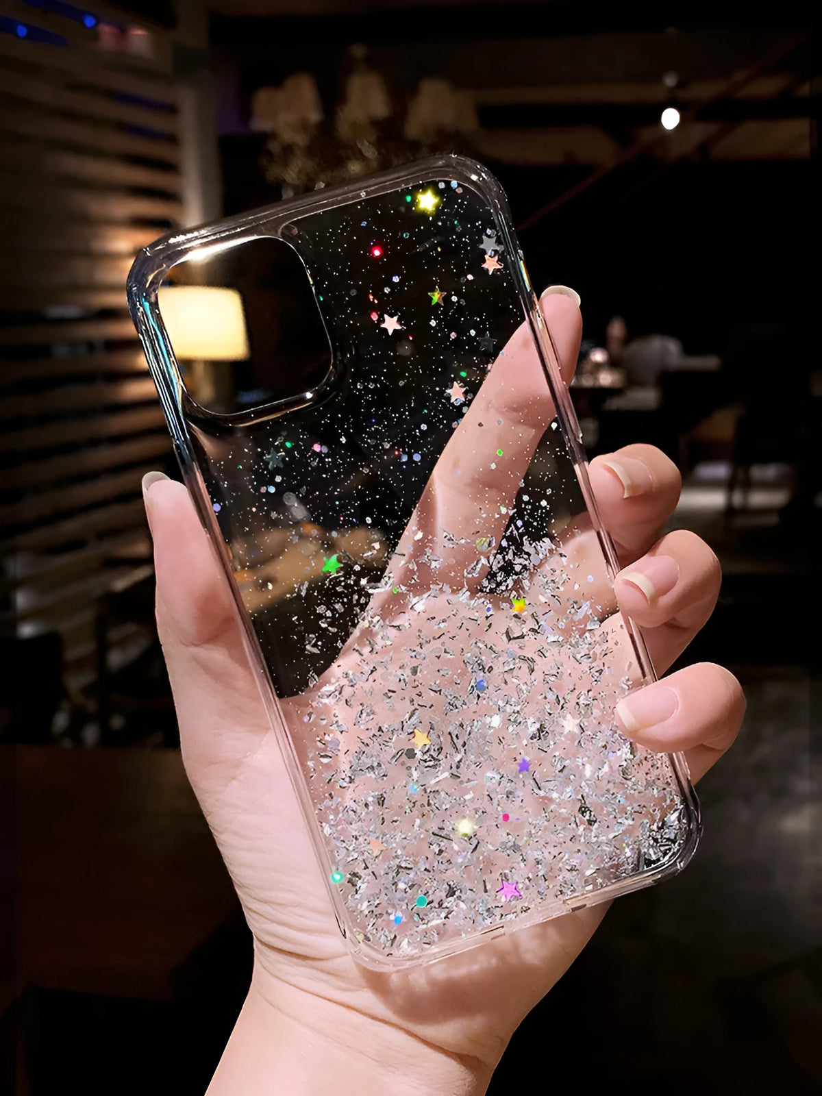 Starry sky silver foil epoxy TPU phone case for iPhone, available in five colours including black, green, pink, purple, transparent