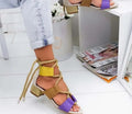 Women's thick heel suede sandals with round toe fish mouth design in colour matching pattern