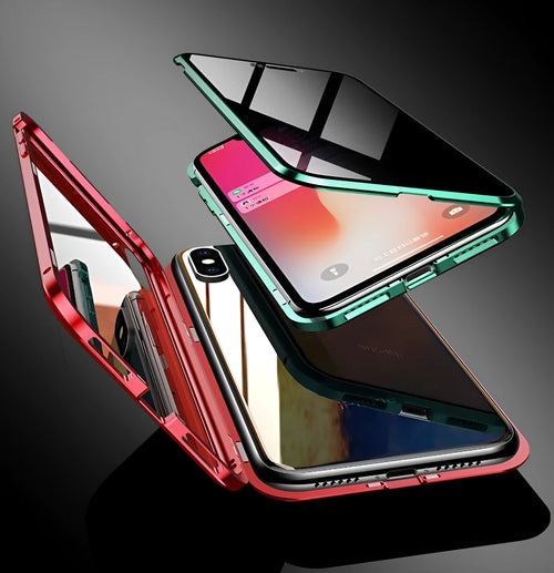 Black anti-peeping magnetic phone case for Samsung Galaxy shown in clamshell open position