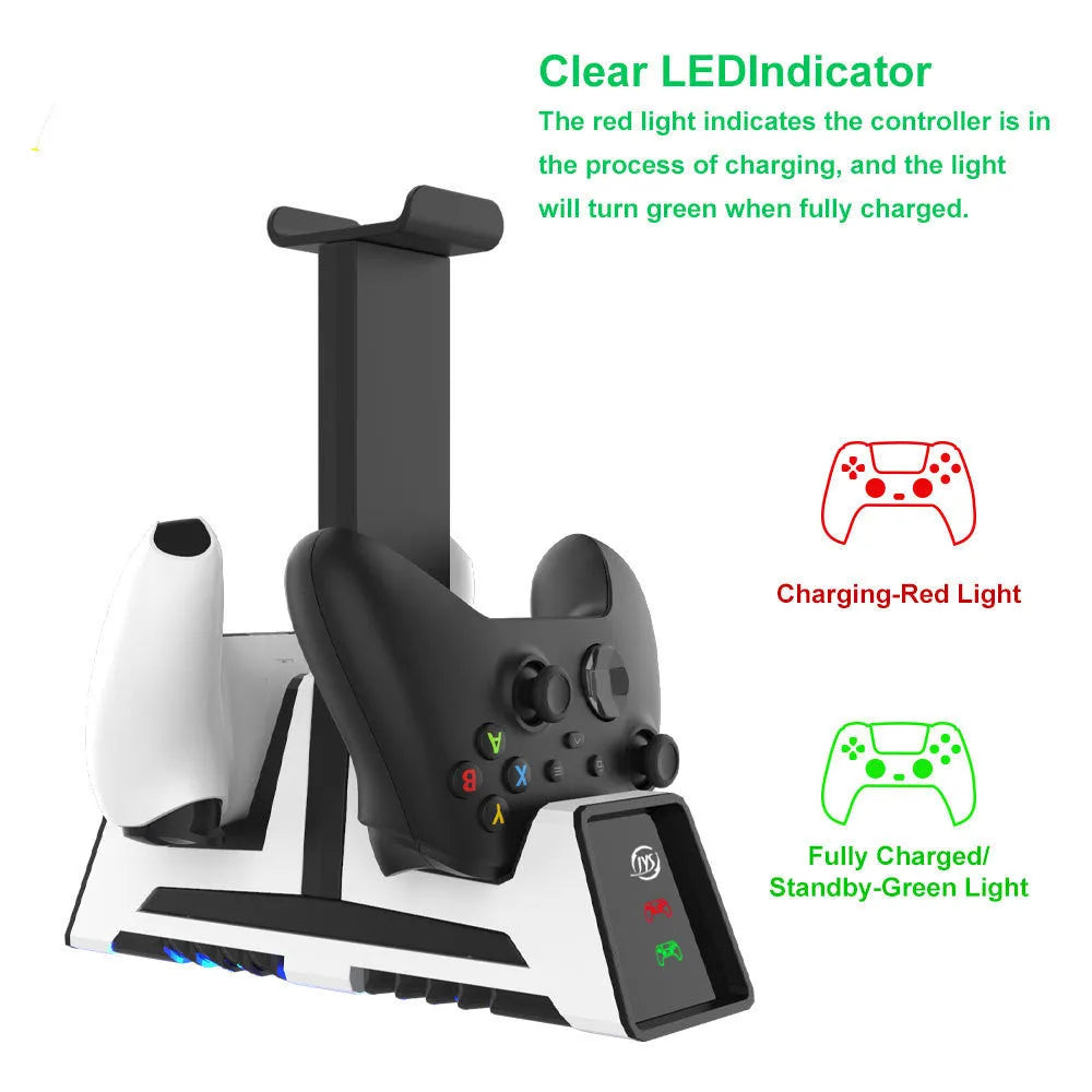 Multifunctional charging base for PS5 PS4 Switch Pro Xbox controllers with two magnetic charging points and Type-C cable