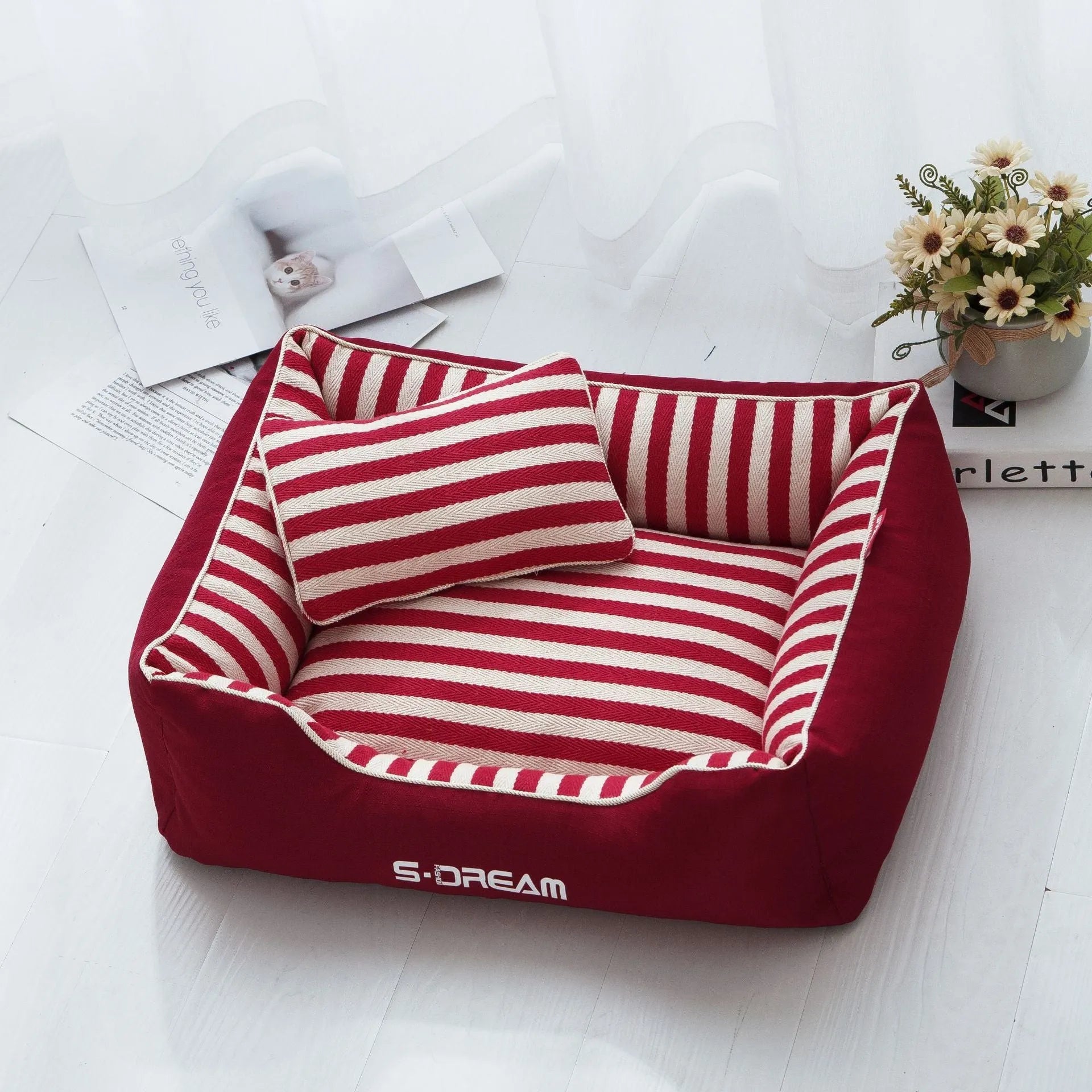 Navy stripes dog kennel mat and fabric pillow set in blue or red, shown in multiple sizes