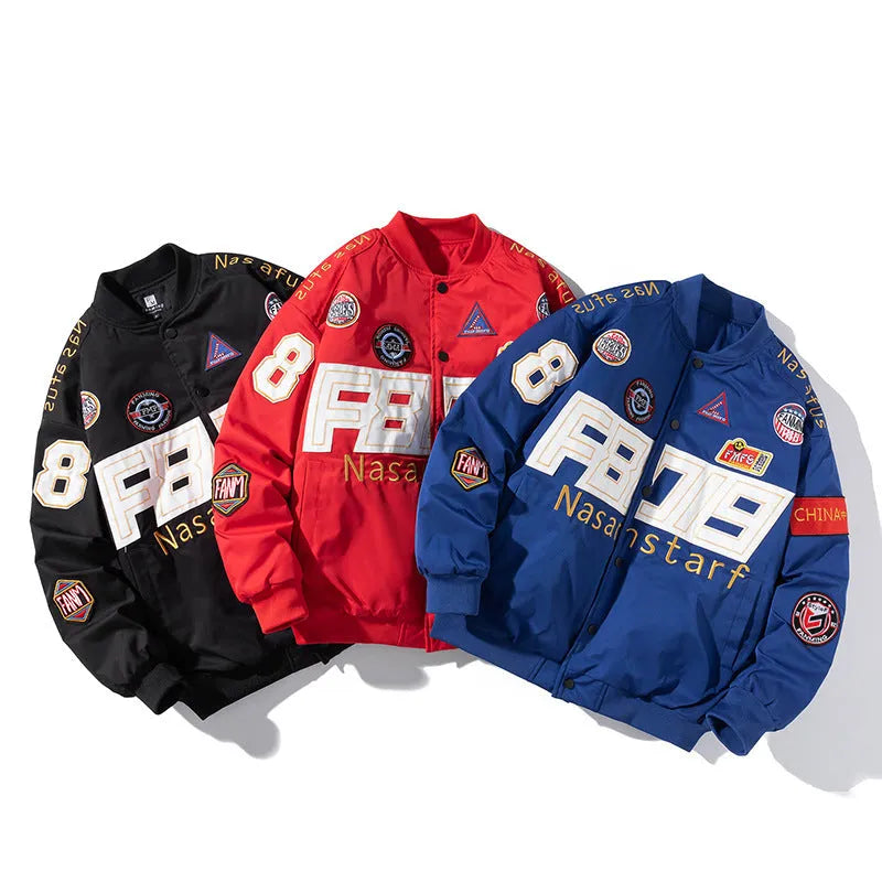 American motorcycle baseball jacket with removable hood in black, red, and blue colours