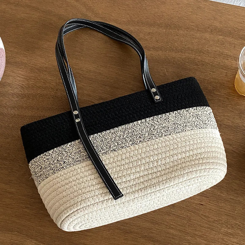 Hand woven cotton vegetable basket beach bag in oval shape with double shoulder straps