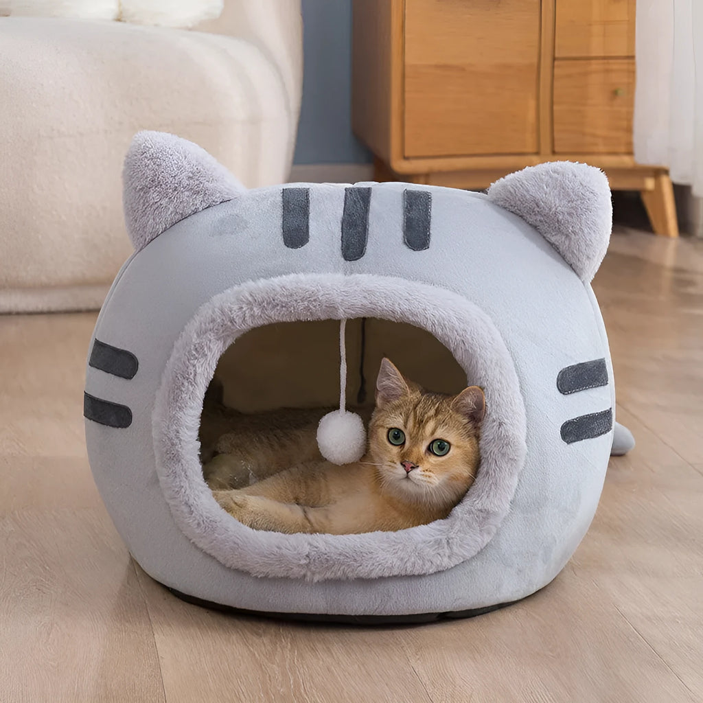Semi-enclosed cat litter bed in crystal velvet and PP cotton, available in pink, grey, and coffee, sizes S M L