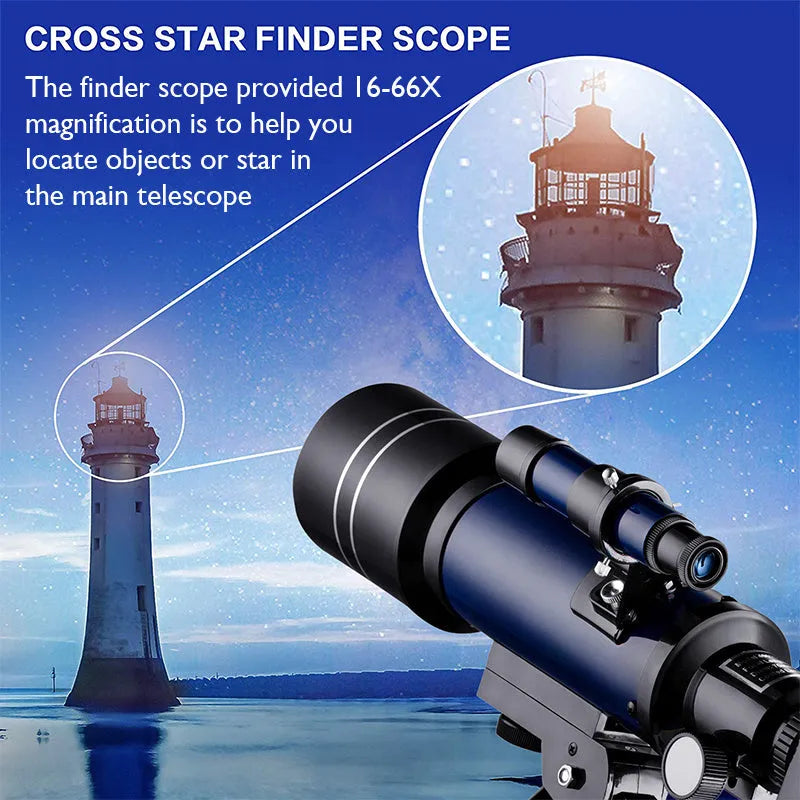 70mm refractor telescope in dark blue with tabletop tripod and finder scope for moon watching