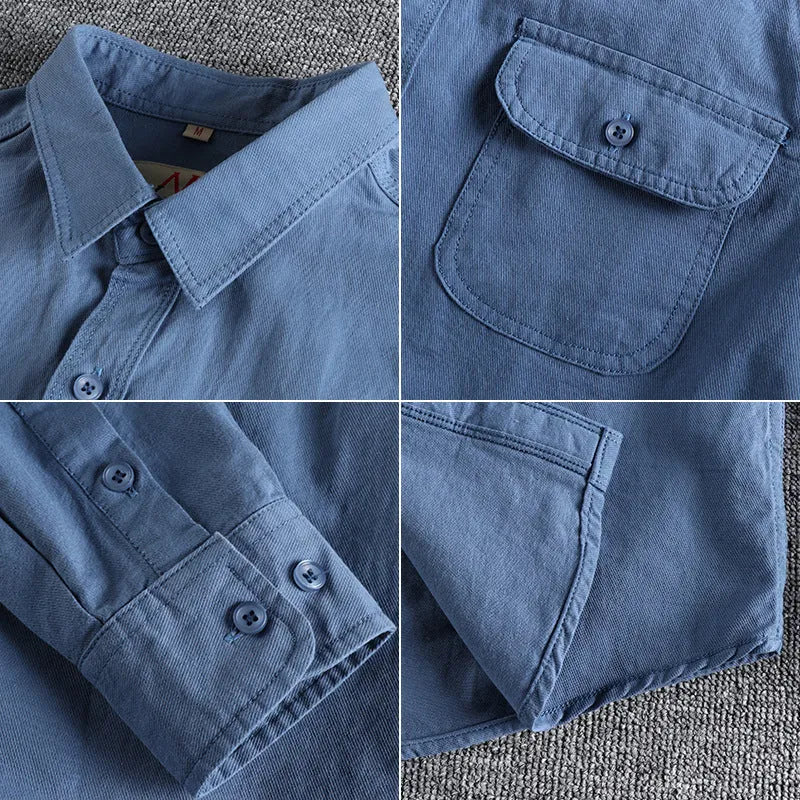 Men's light blue cotton long sleeve shirt with cardigan collar in British retro style