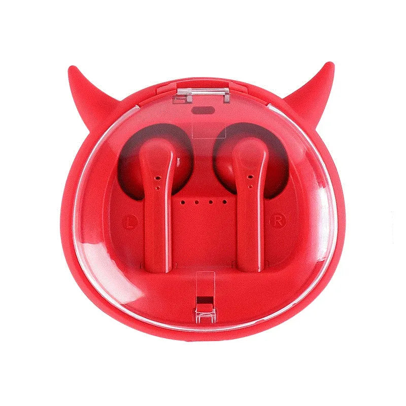 Red true wireless Bluetooth 5.0 in-ear headphones with charging case on a white background