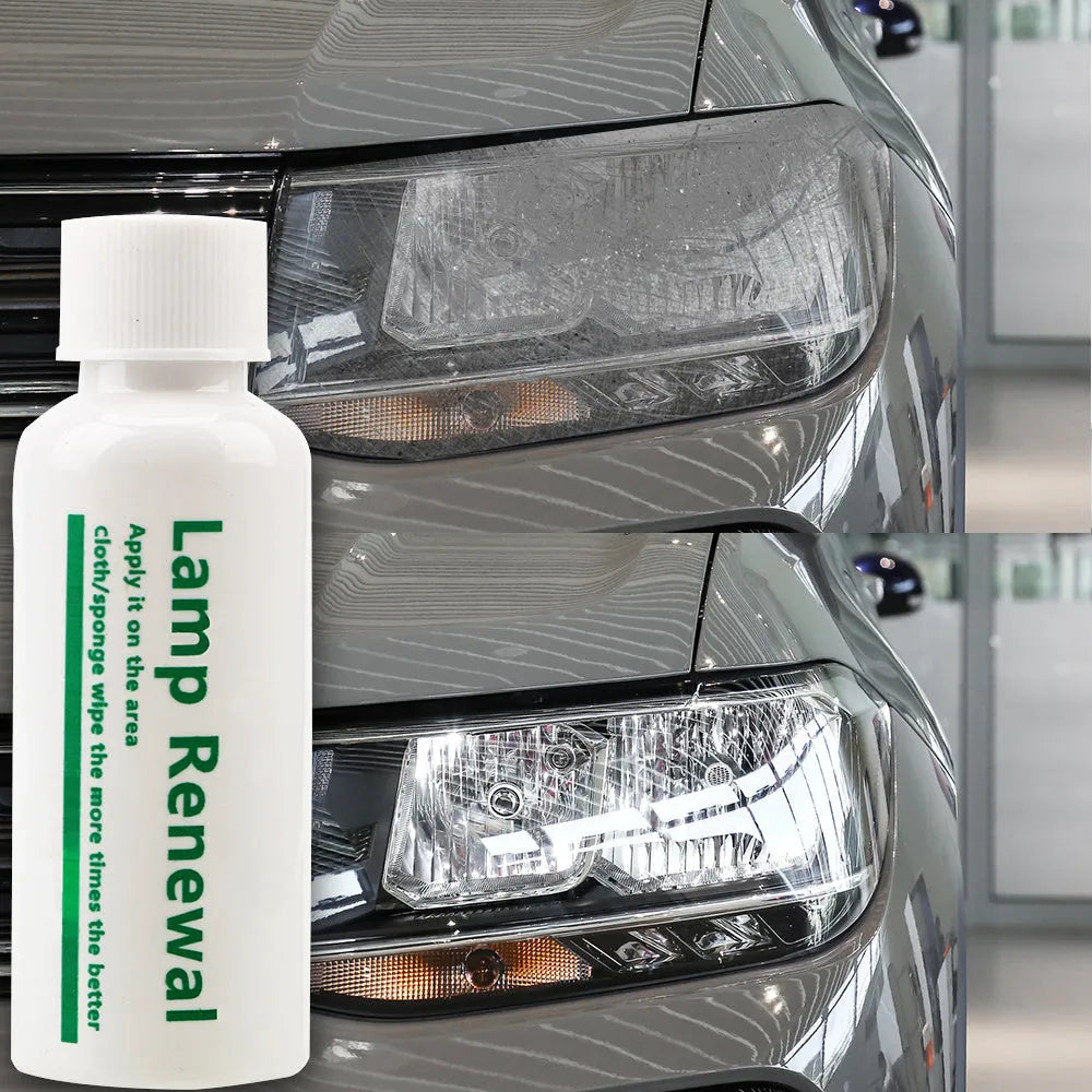 Car headlight repair liquid bottle in 20ml and 50ml sizes for restoring yellowed and oxidised headlight lenses