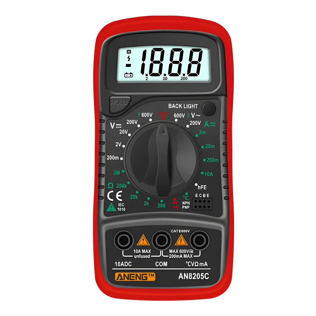 Handheld digital multimeter display showing 1999 counts on yellow meter with test leads and temperature wire accessories