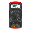 Handheld digital multimeter display showing 1999 counts on yellow meter with test leads and temperature wire accessories
