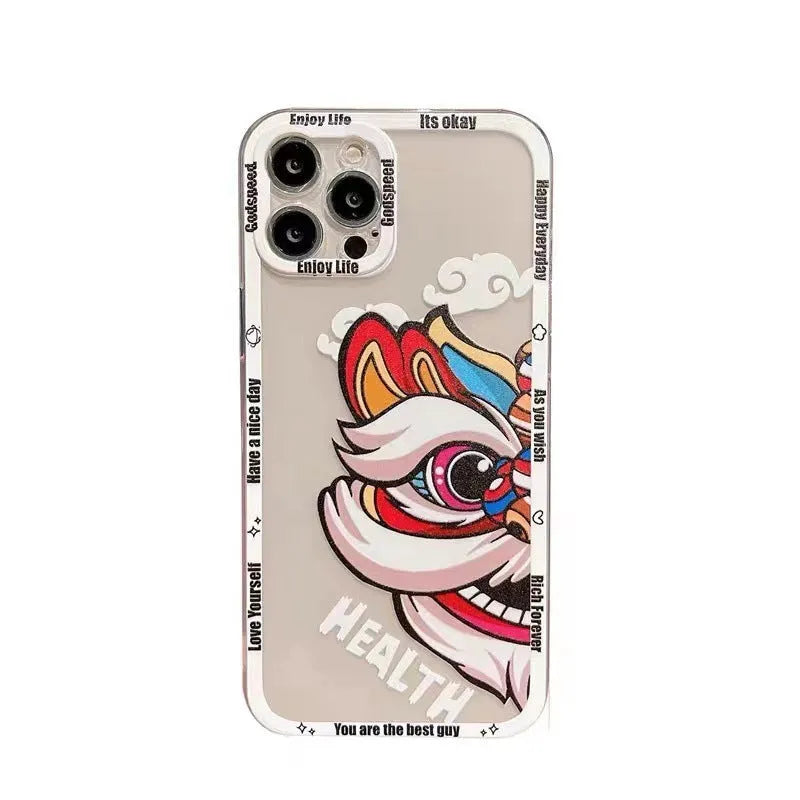 Lion dance hand-painted TPU phone case for Apple iPhone with transparent straight edge and Angel Eyes design in black frame