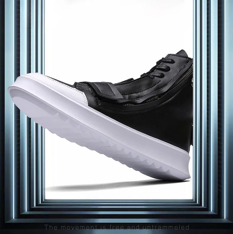 Men's black and white high-top style PU leather ankle boots on a size chart background.